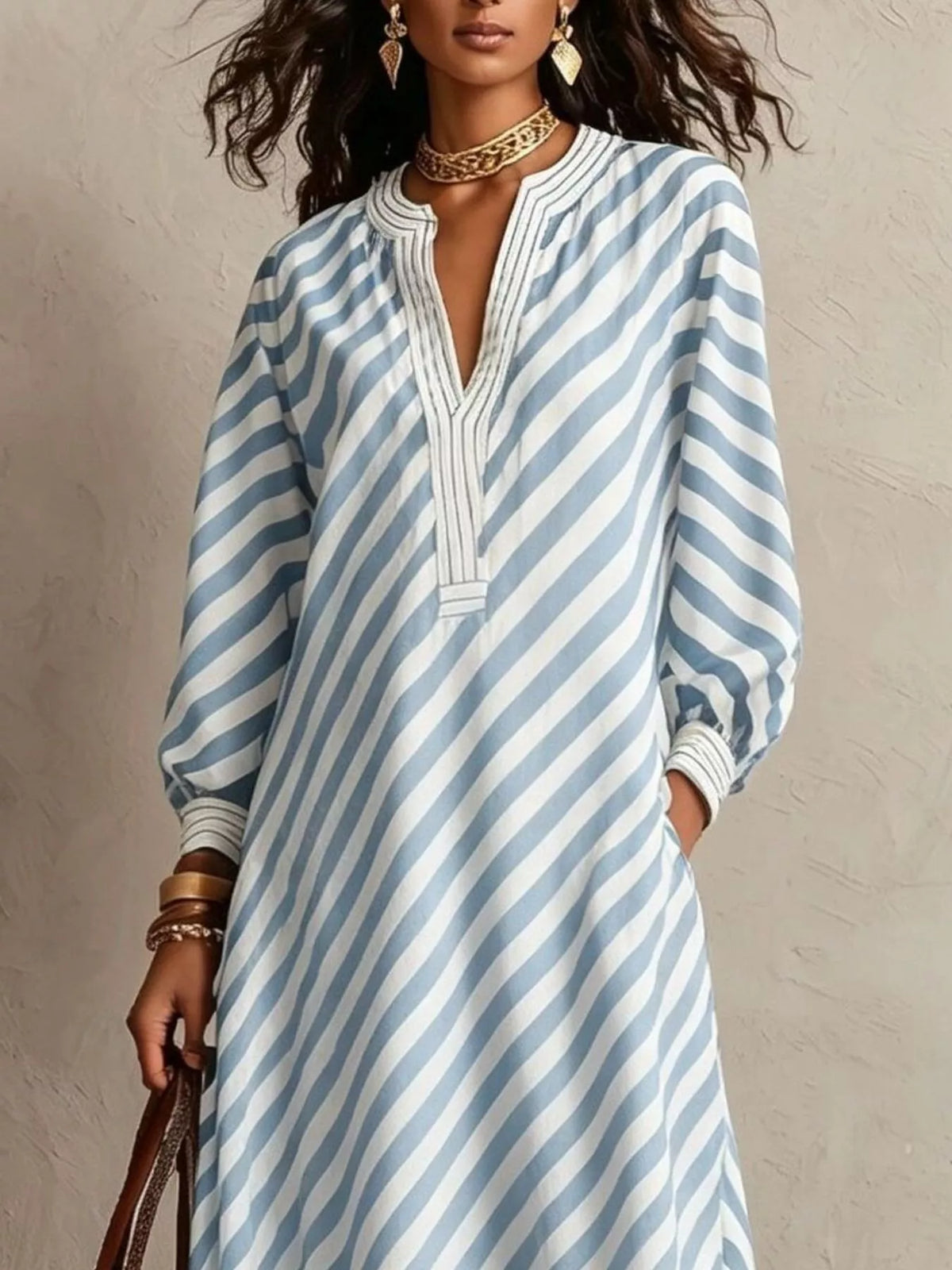 Striped Long Sleeves Maxi Dress - Light Blue - View 2