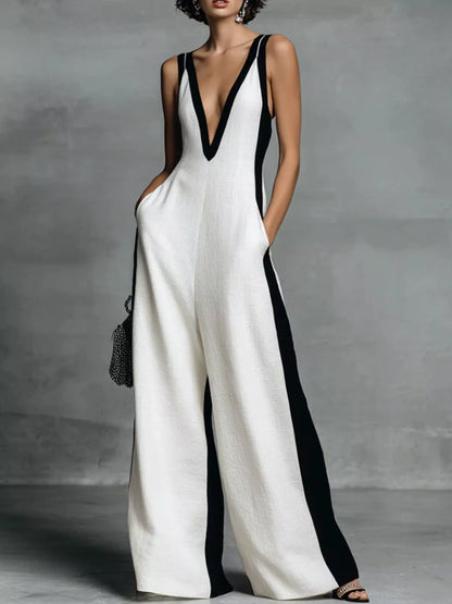 Contrast Trim V-Neck Sleeveless Jumpsuit - White - View 1
