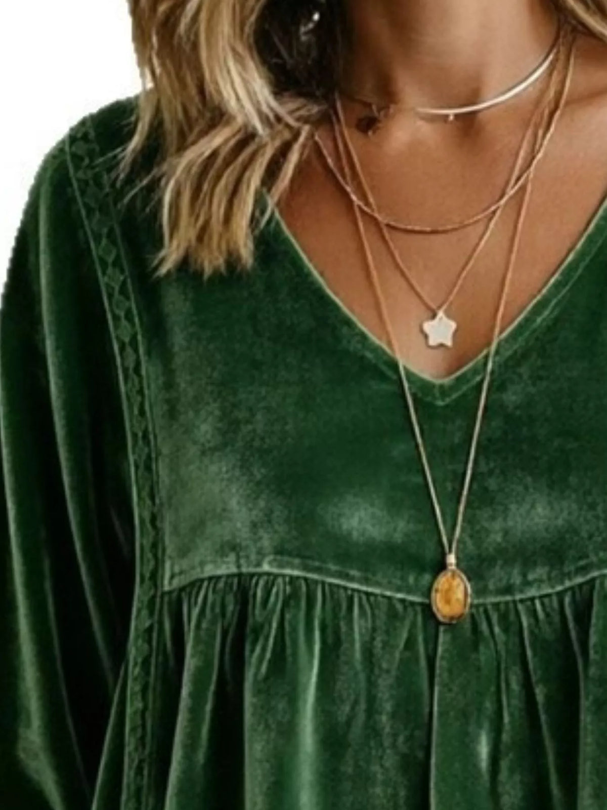 Full Size V-Neck Long Sleeve Velvet Blouse with Lace Trim Plus Size - Dark Green - View 2