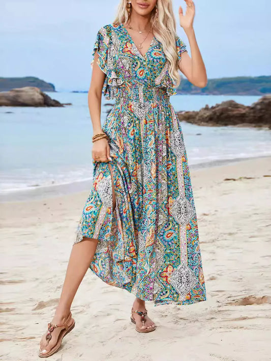 Paisley Print Flutter Sleeve Smocked Maxi Dress - Multicolor - View 2