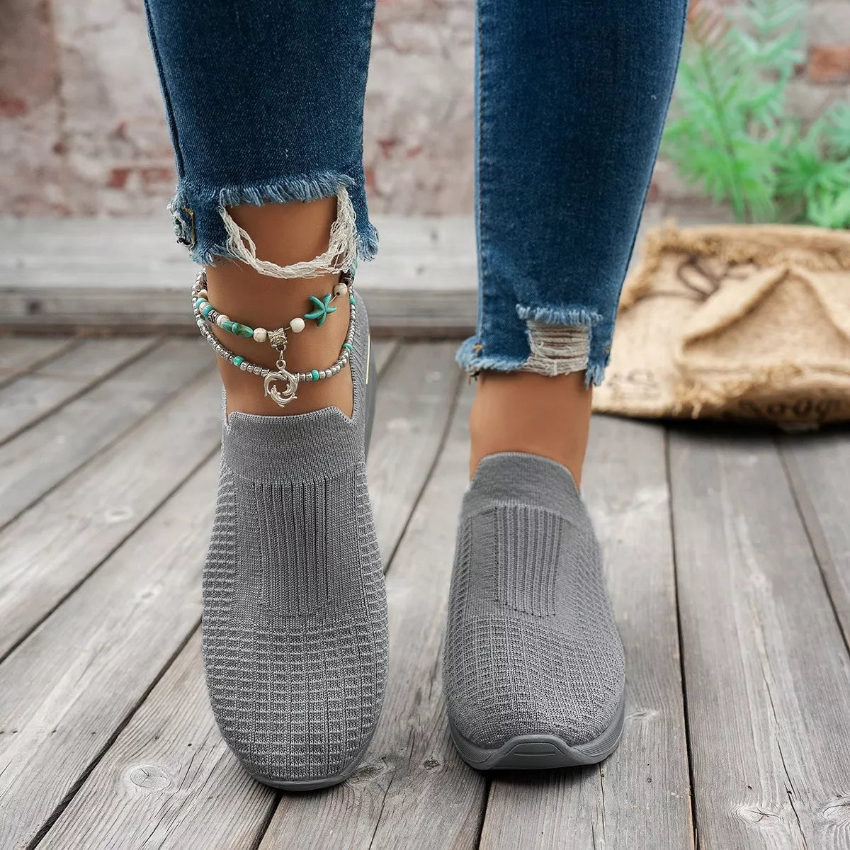 Mesh Round Toe Wedge Athletic Sneakers - Grey - View 5