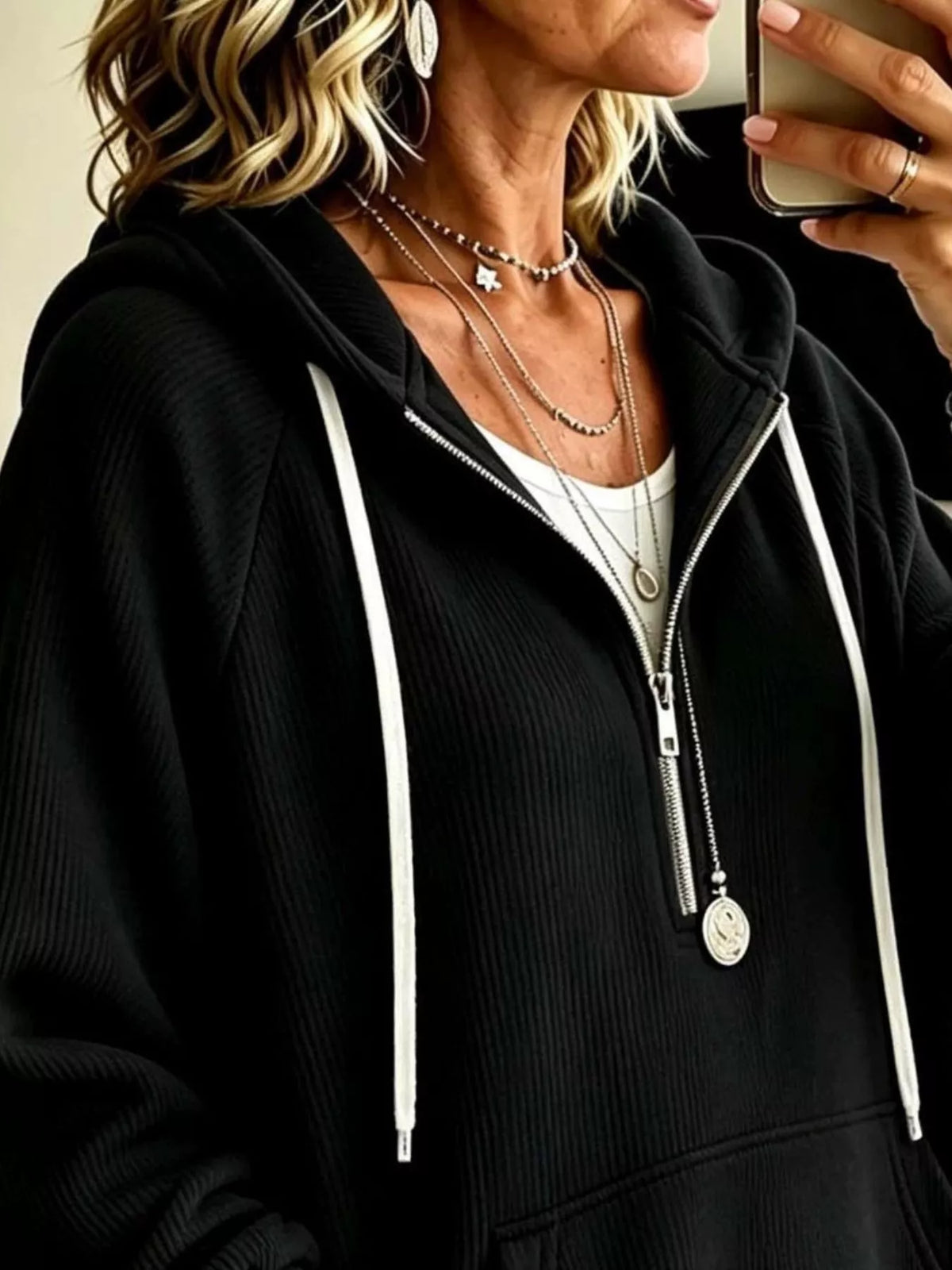 Ribbed Knit Quarter-Zip Hoodie with Kangaroo Pocket - Black - View 2