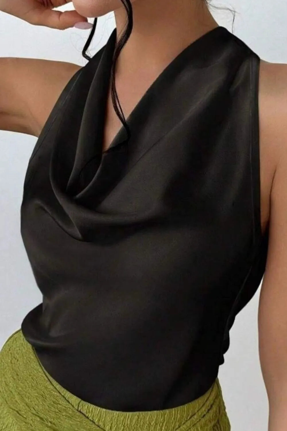 Satin Cowl Neck Sleeveless Blouse - Black - View 8