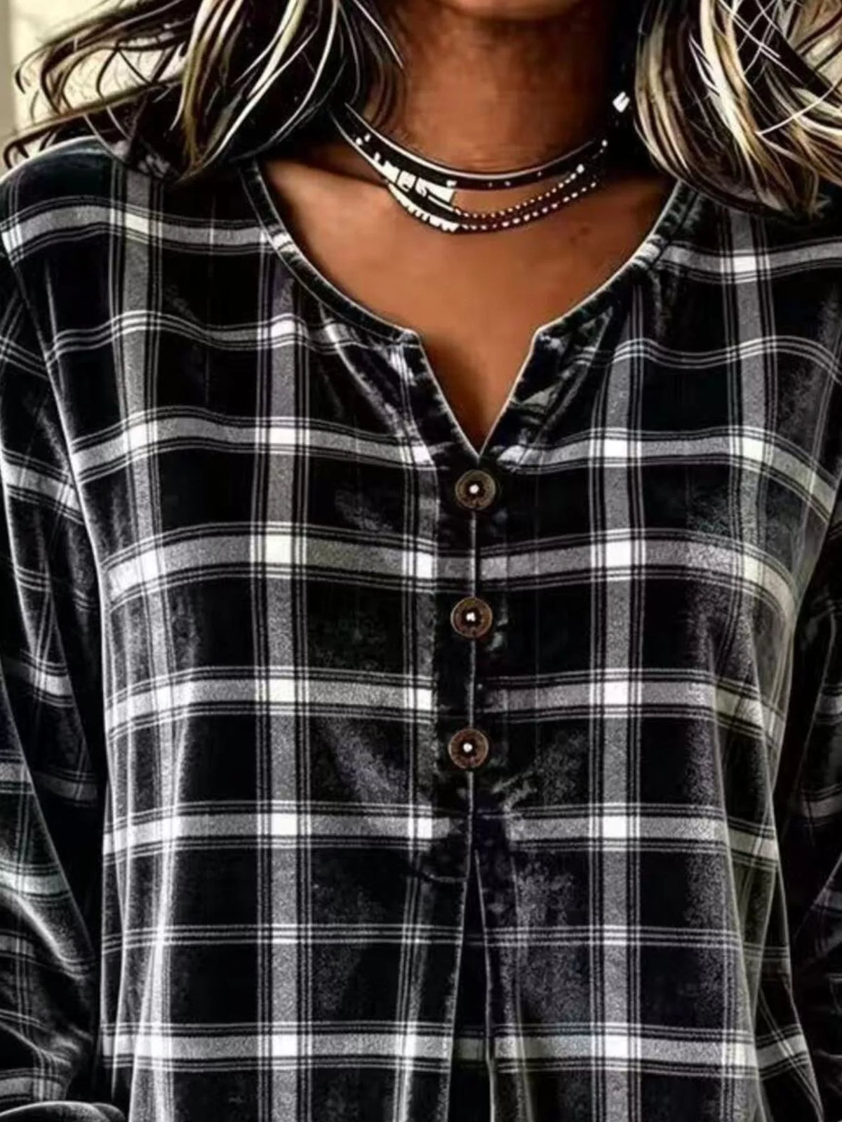 Full Size Plaid Velvet Flounce Sleeve Blouse Plus Size - Black - View 2