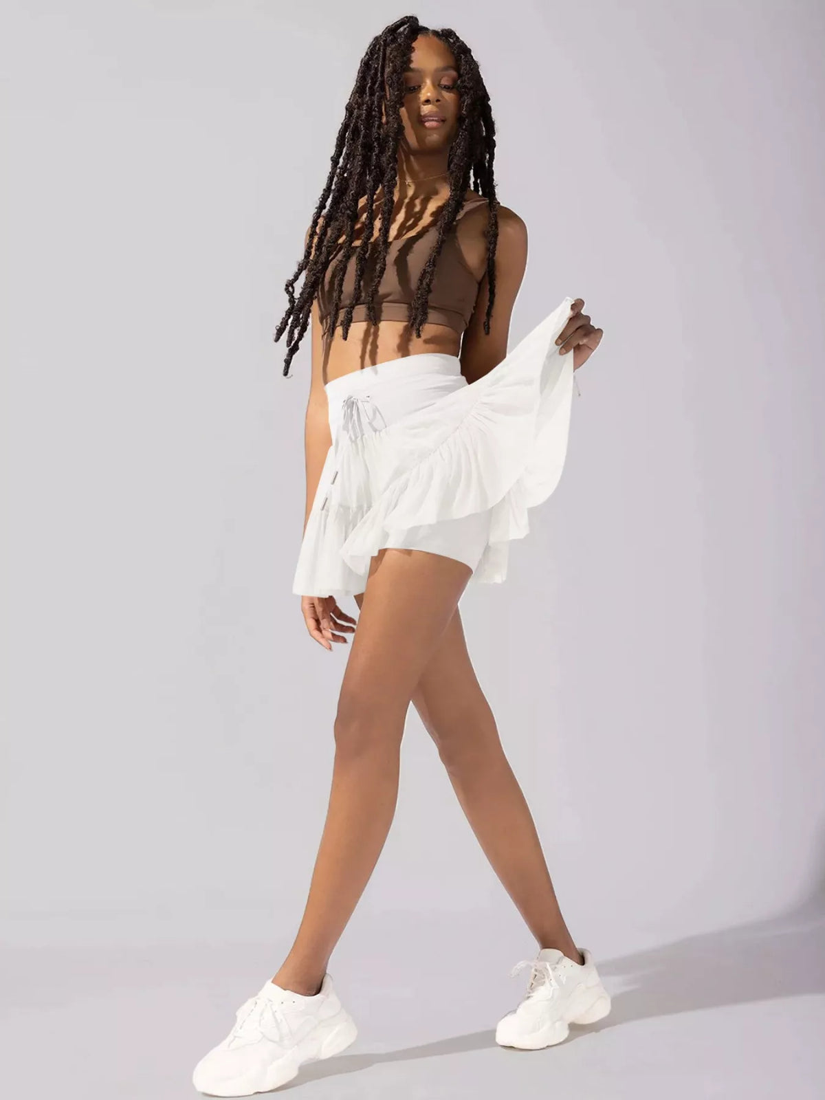 Tiered Skort with Drawstring - White - View 16