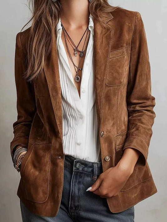 Full Size Slim Fit Suede Long Sleeve Blazer Plus Size - Brown - View 1
