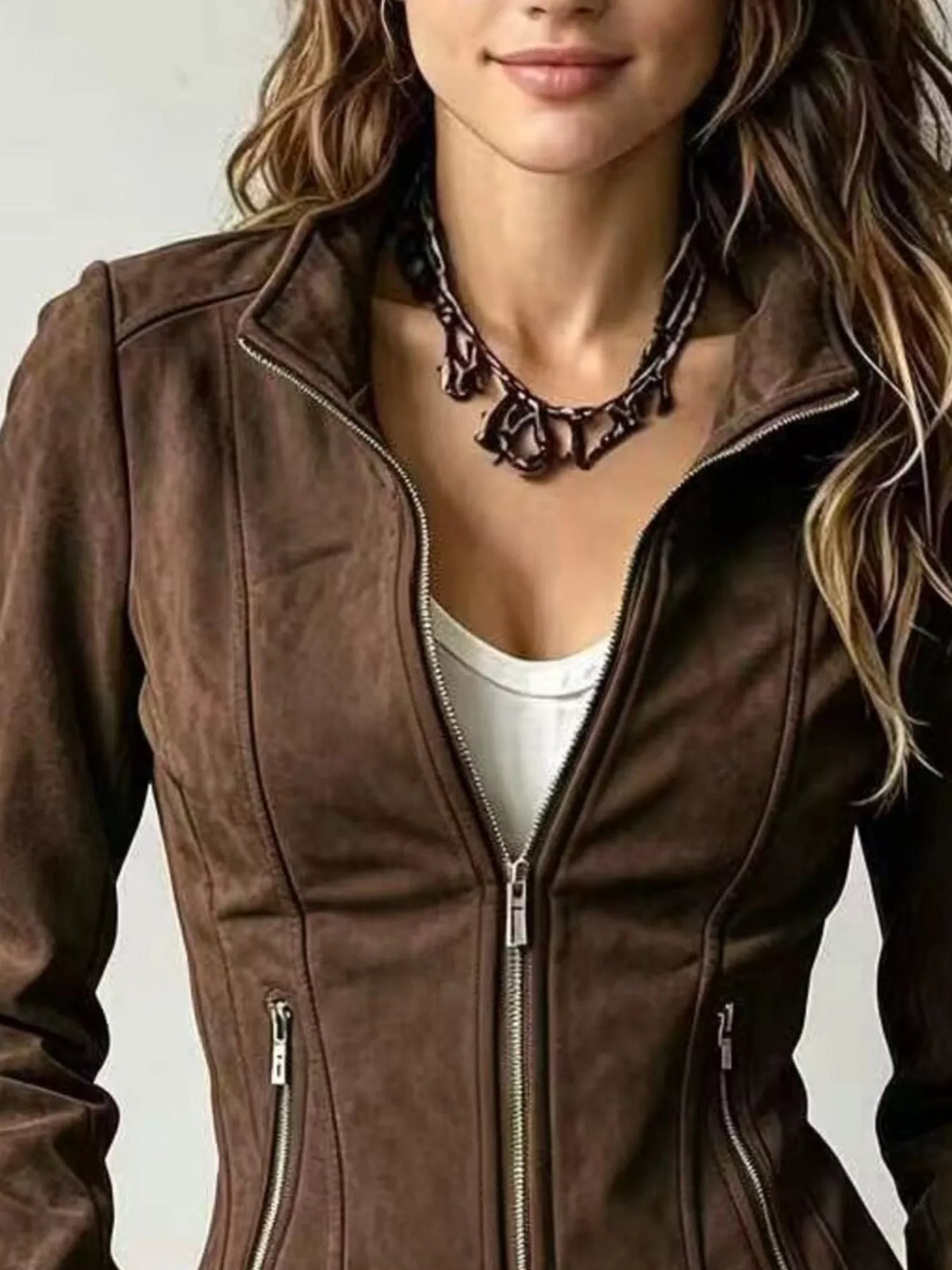 Slim-Fit Zip-Up Jacket - Coffee Brown - View 2
