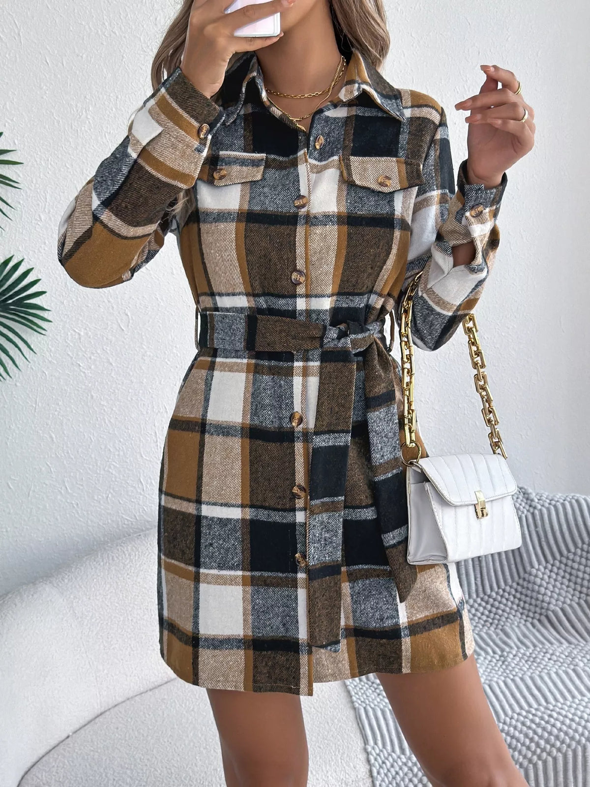 Plaid Button Front Tie Waist Shirt Dress - Khaki - View 10
