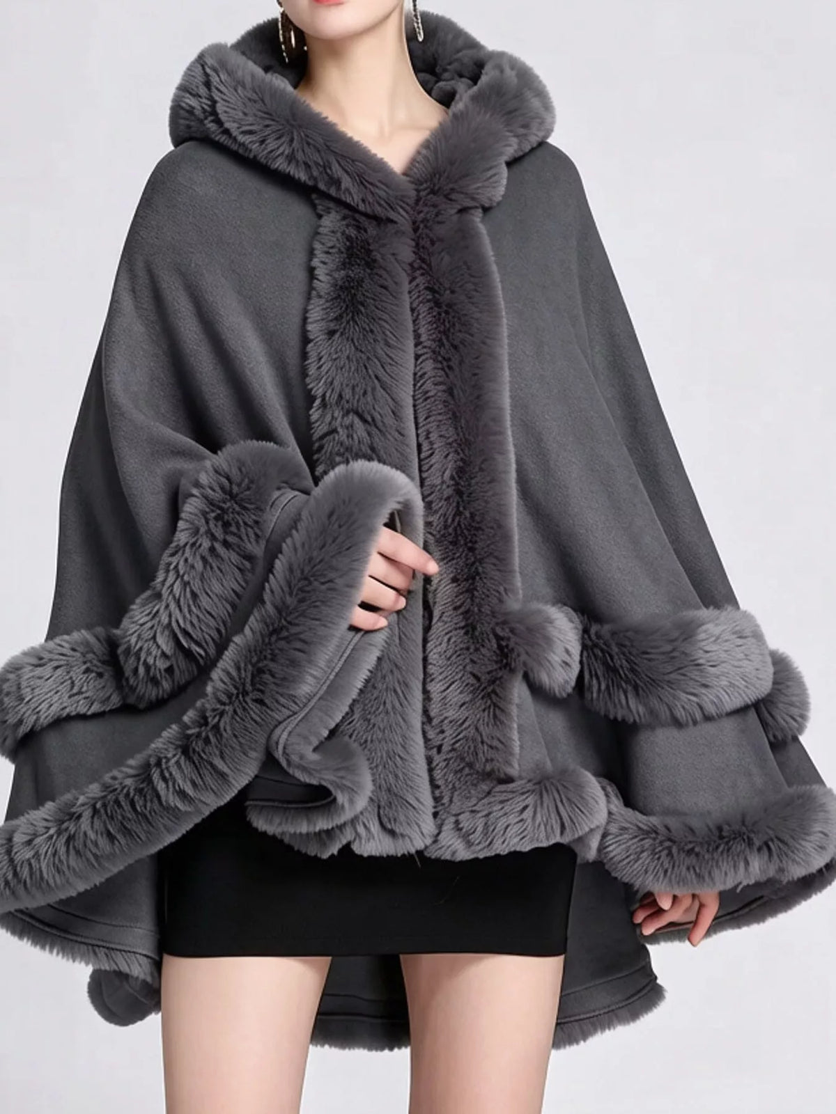 Faux Fur Trimmed Hooded Cape - Dark Gray - View 6