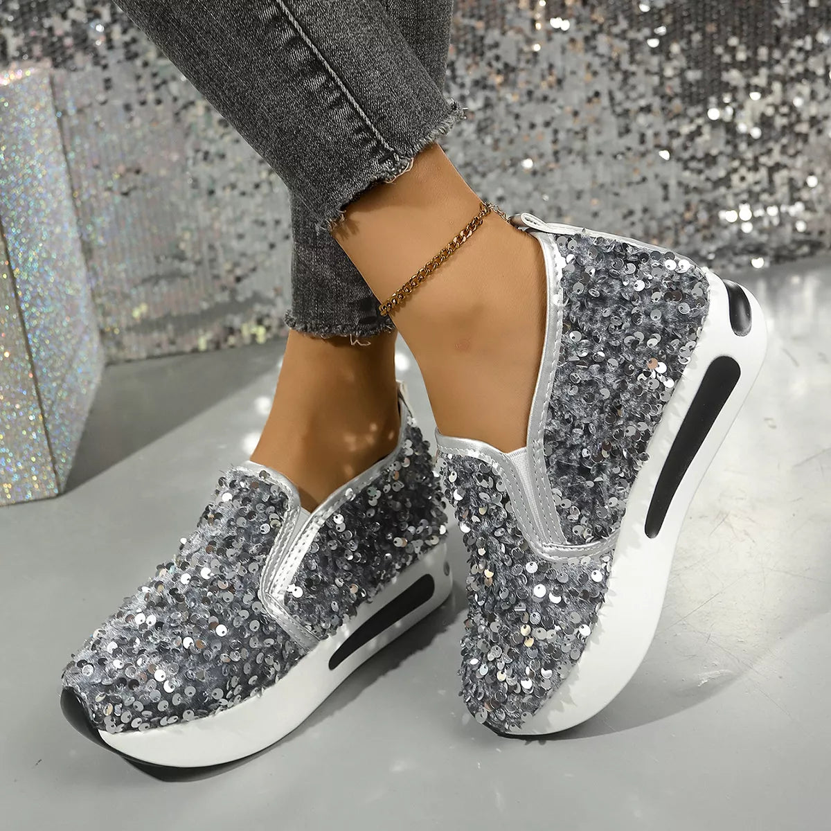 Sequin Round Toe Slip-Ons - Grey - View 3