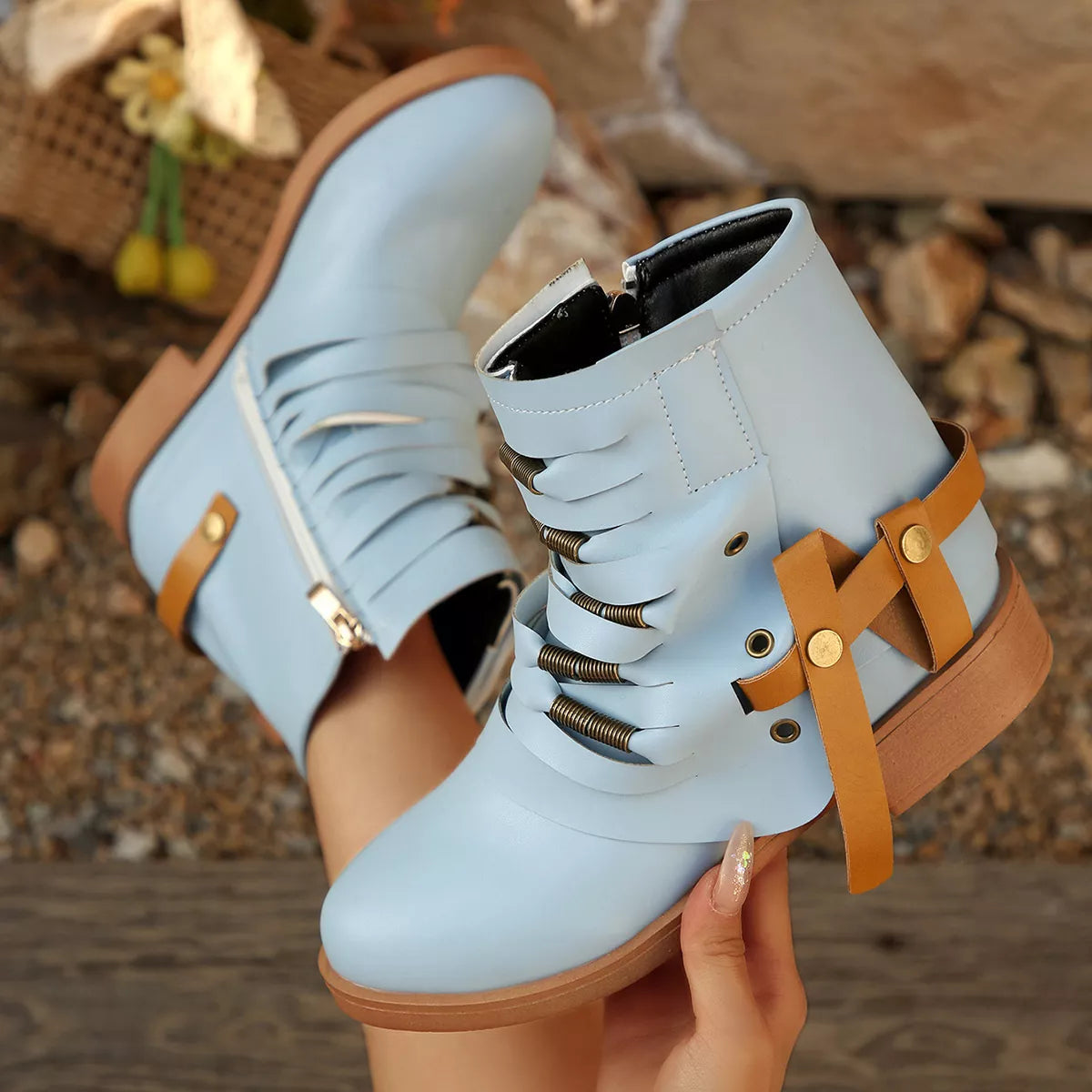 Strappy Buckle Ankle Boots - Blue - View 4