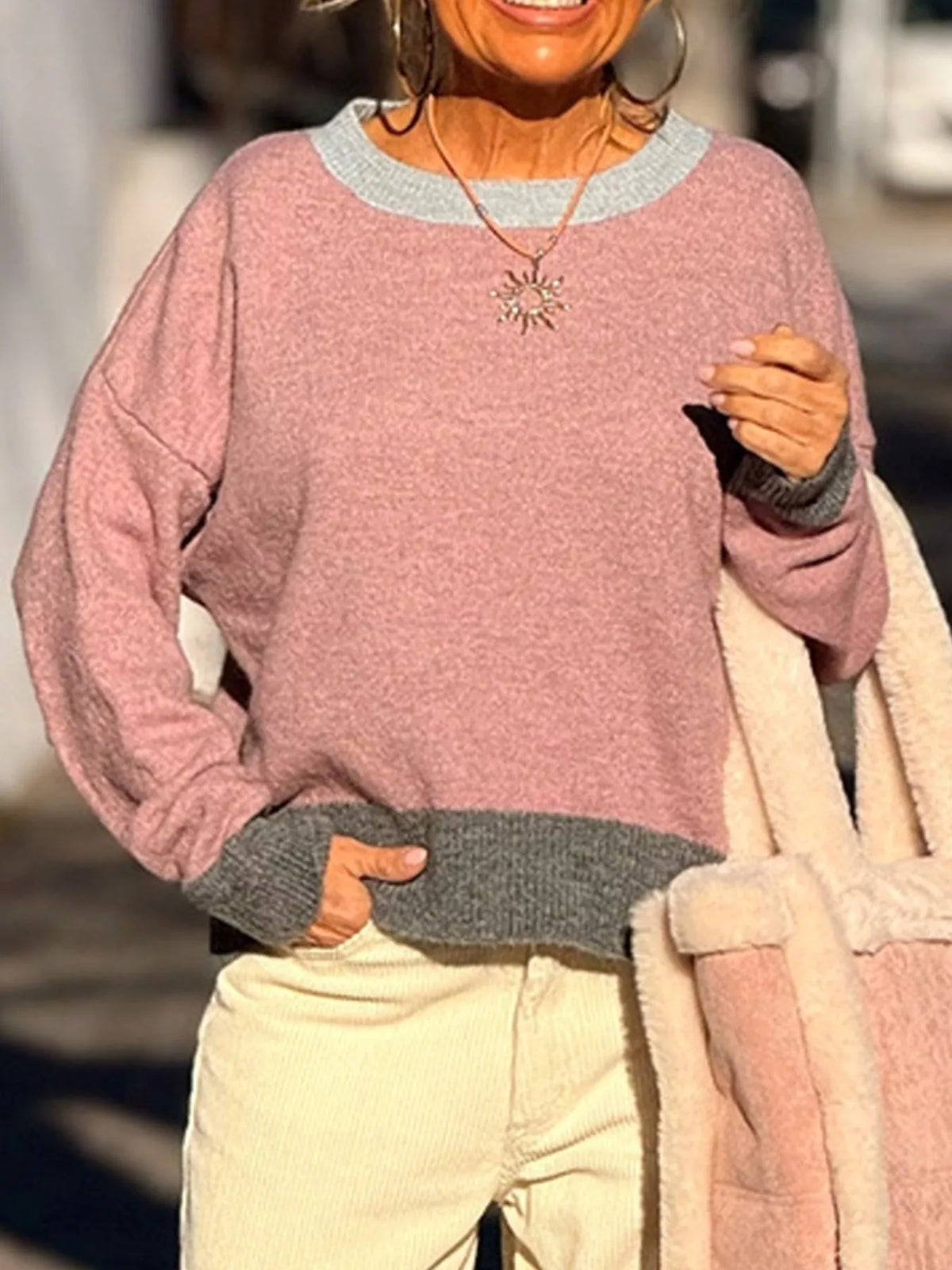 Contrast Trim Crew Neck Sweater - Sky Blue - View 5