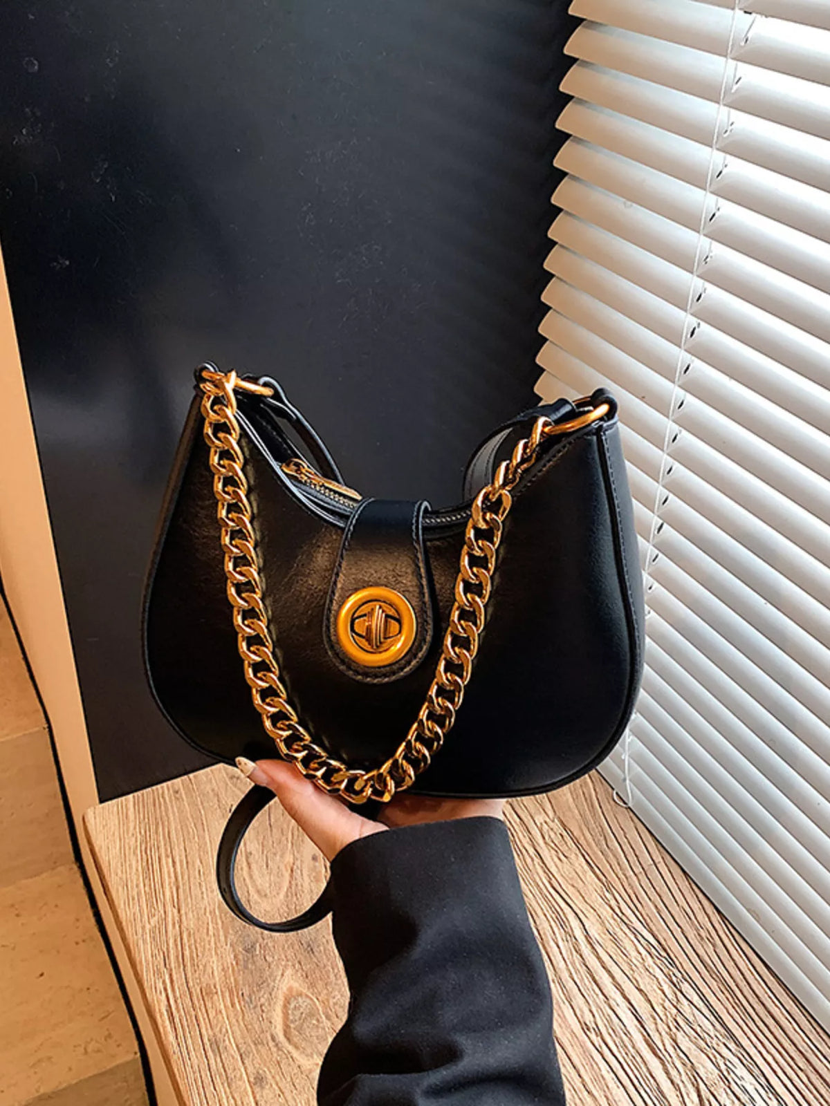 Chain Accent Shoulder Bag - Black - View 1