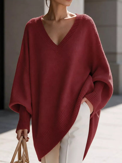 Full Size V-Neck Oversized Batwing Sleeve Sweater Plus Size - Red - View 1