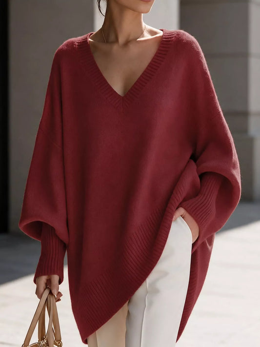 Full Size V-Neck Oversized Batwing Sleeve Sweater Plus Size - Red - View 1
