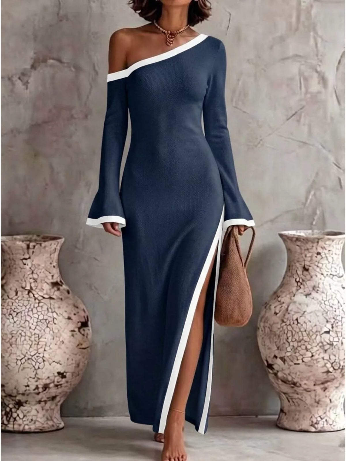 Slit One-Shoulder Contrast Trim Maxi Dress - Dark Blue - View 1