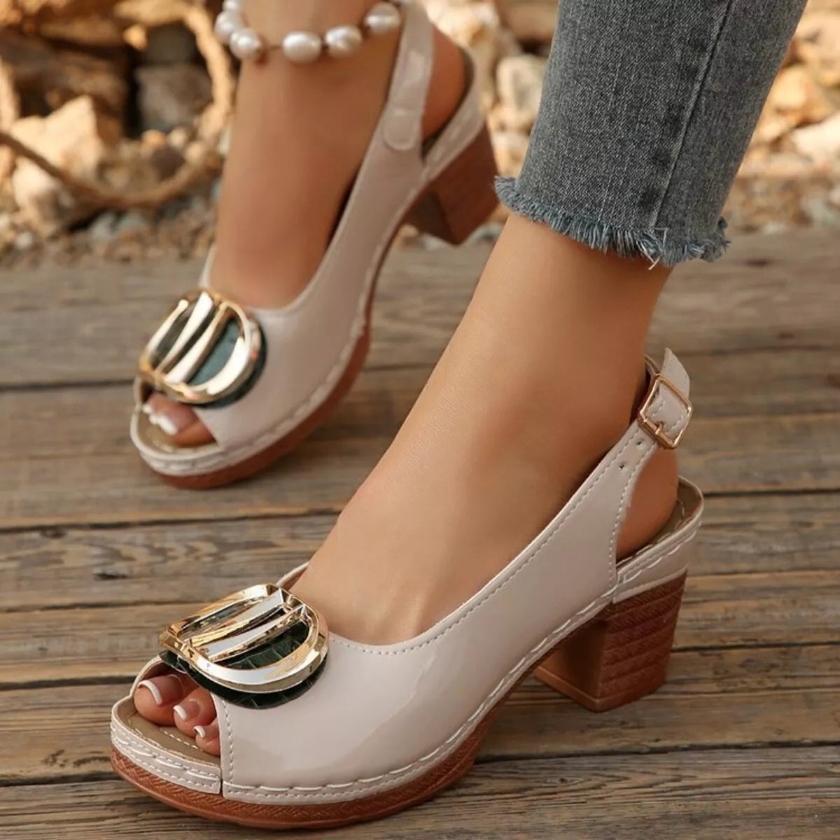Peep Toe Block Heels Sandals - Beige - View 9