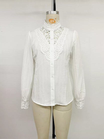 Lace Detail Long Sleeve Shirt - White - View 11