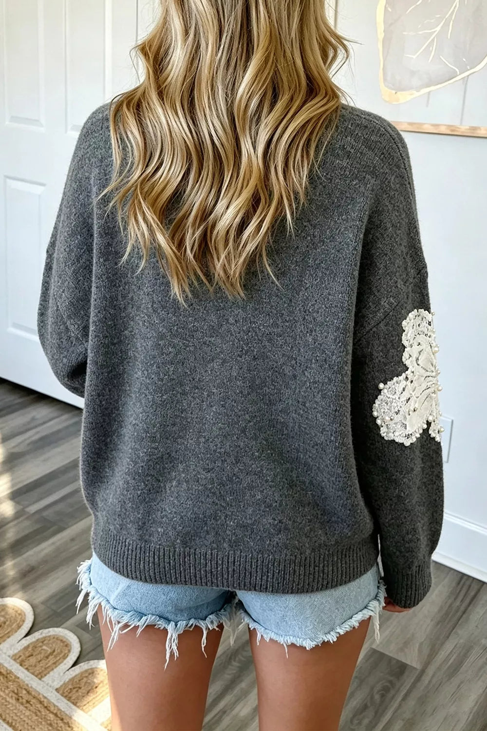 Pearl Embellished Floral Dropped Shoulder Sweater - Dark Gray - View 2