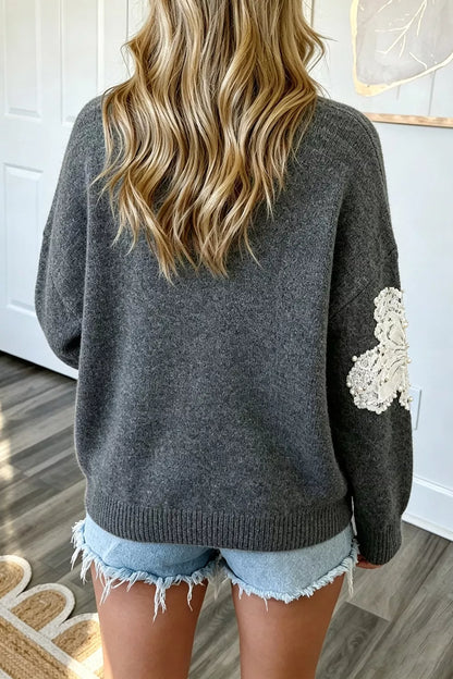 Pearl Embellished Floral Dropped Shoulder Sweater - Dark Gray - View 2