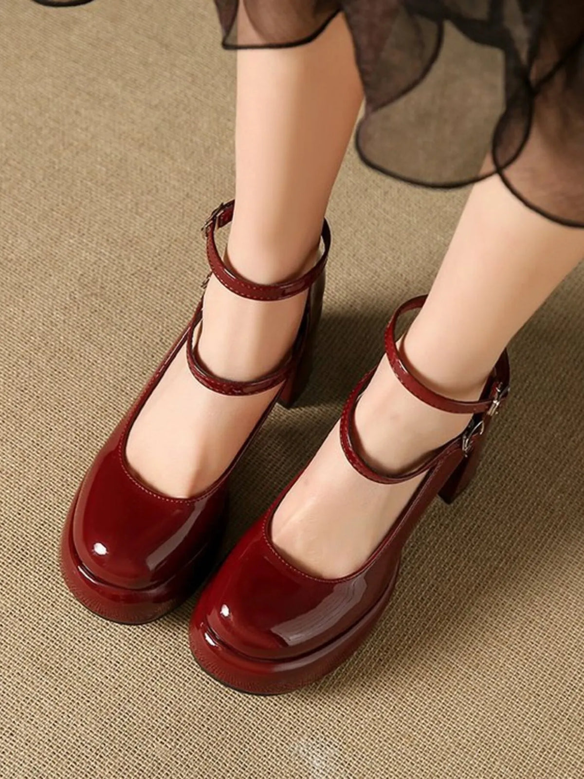Patent Leather Mary Jane Platform Pumps - Burgundy - View 11