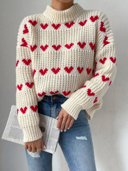 Heart Pattern Mock Neck Chunky Knit Sweater - Beige - View 3