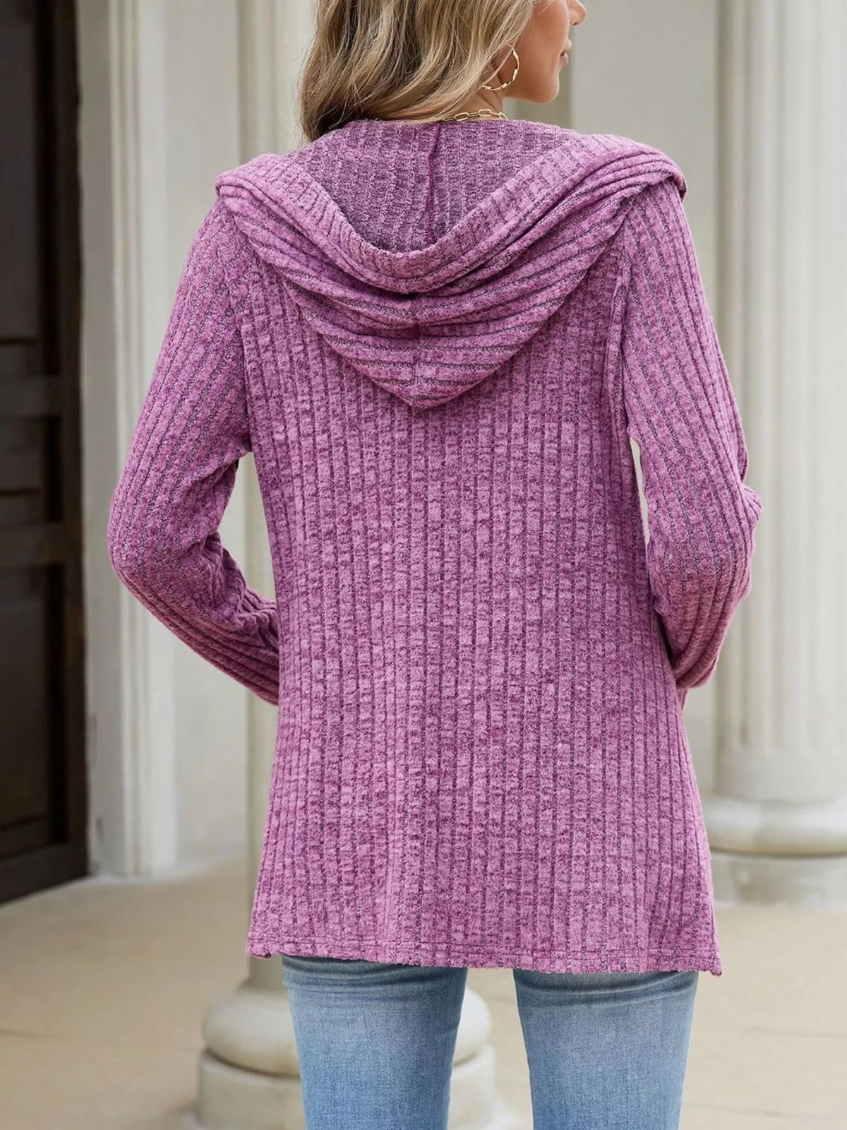 Ribbed Knit Hooded Button-Down Cardigan - Purple-red - View 5