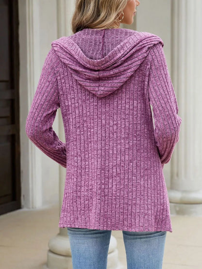 Ribbed Knit Hooded Button-Down Cardigan - Purple-red - View 5