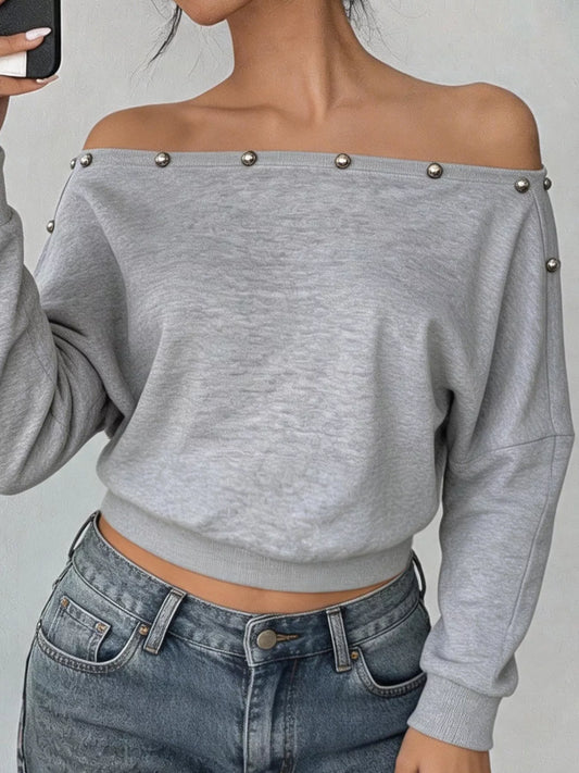 Studded Off Shoulder Long Sleeve T-Shirt - Light Gray - View 2