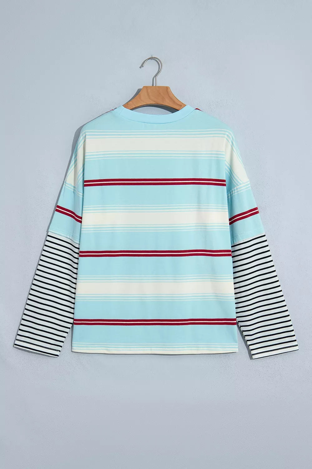 Stripe Casual Striped Patchwork Long Sleeve Loose Pullover Top - Pastel  Blue - View 3