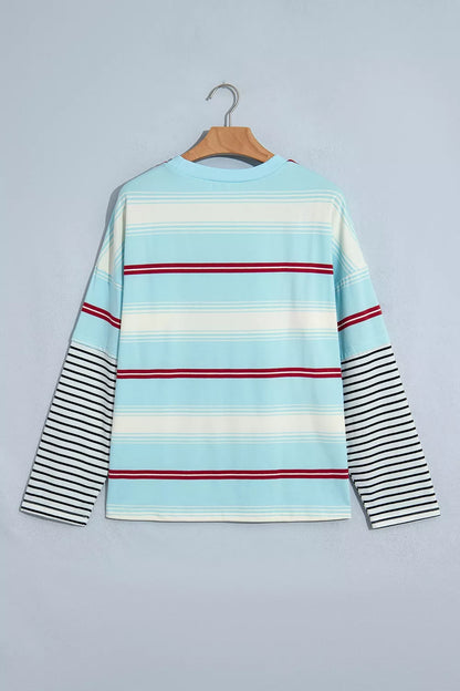 Stripe Casual Striped Patchwork Long Sleeve Loose Pullover Top - Pastel  Blue - View 3