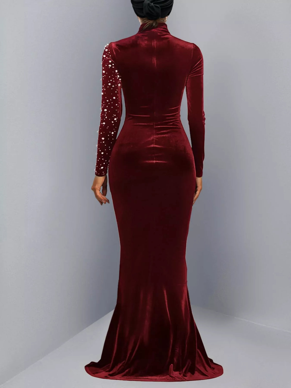 Rhinestone Embellished Velvet Mermaid Evening Maxi Dress - Burgundy - View 2