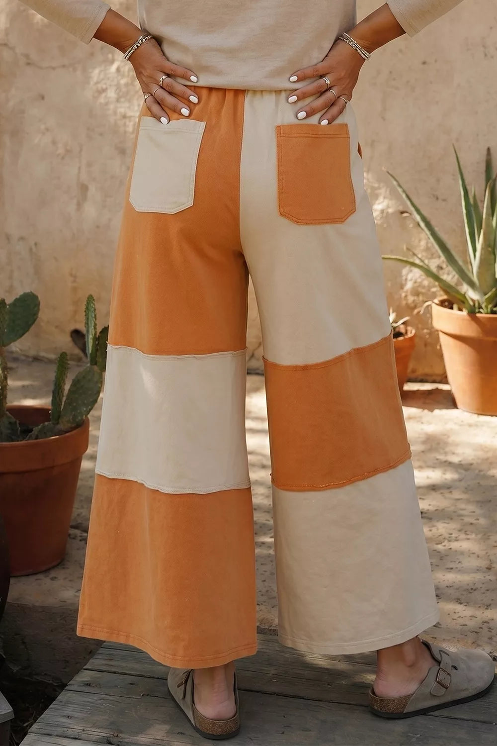 Raw Seam Colorblock Wide Leg Ankle Length Casual Pants - Orange - View 4