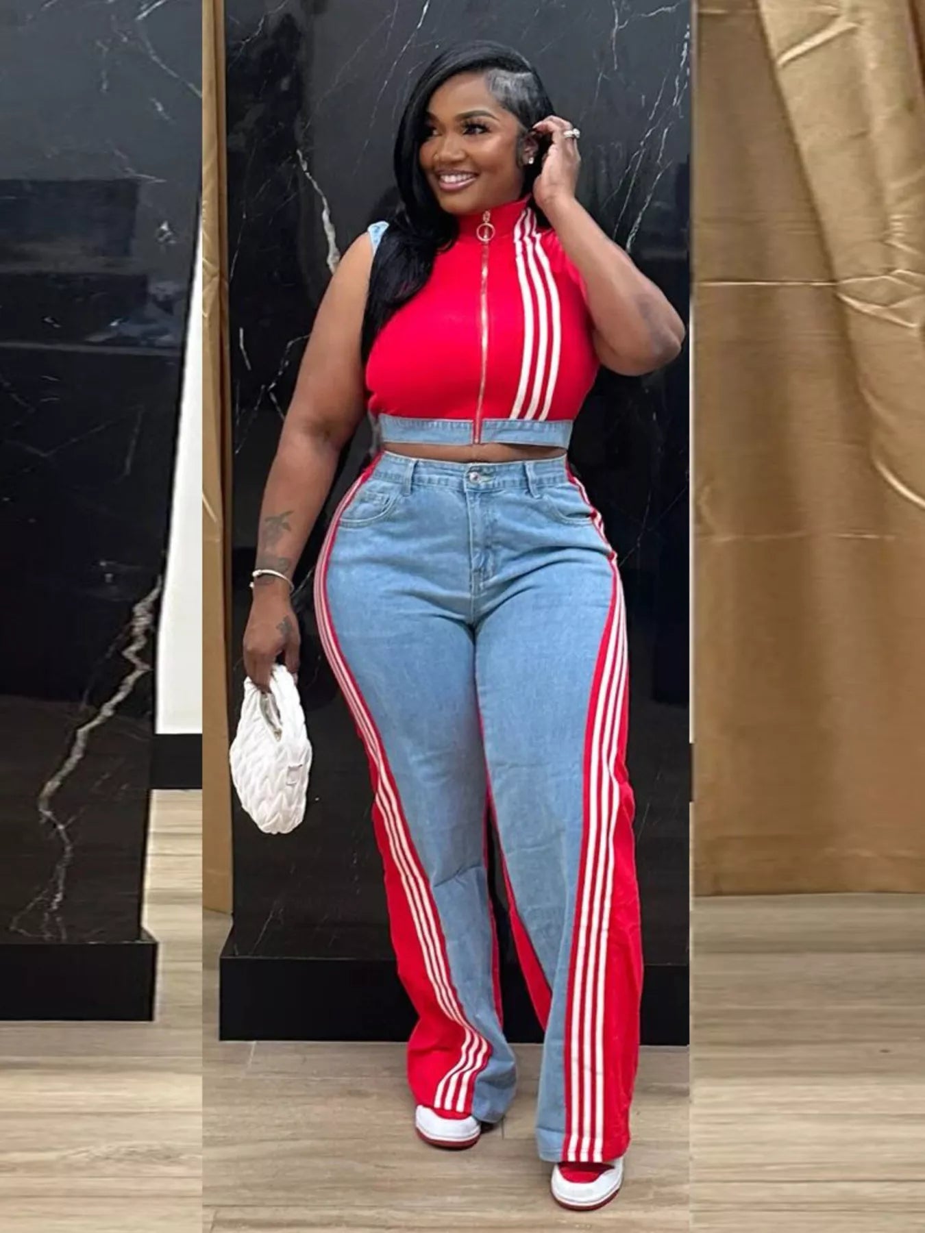 Zip Front Crop Top and Striped Pants Set - Red - Styled Front View