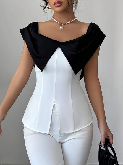 Slit Contrast Cap Sleeve Blouse - White - View 5