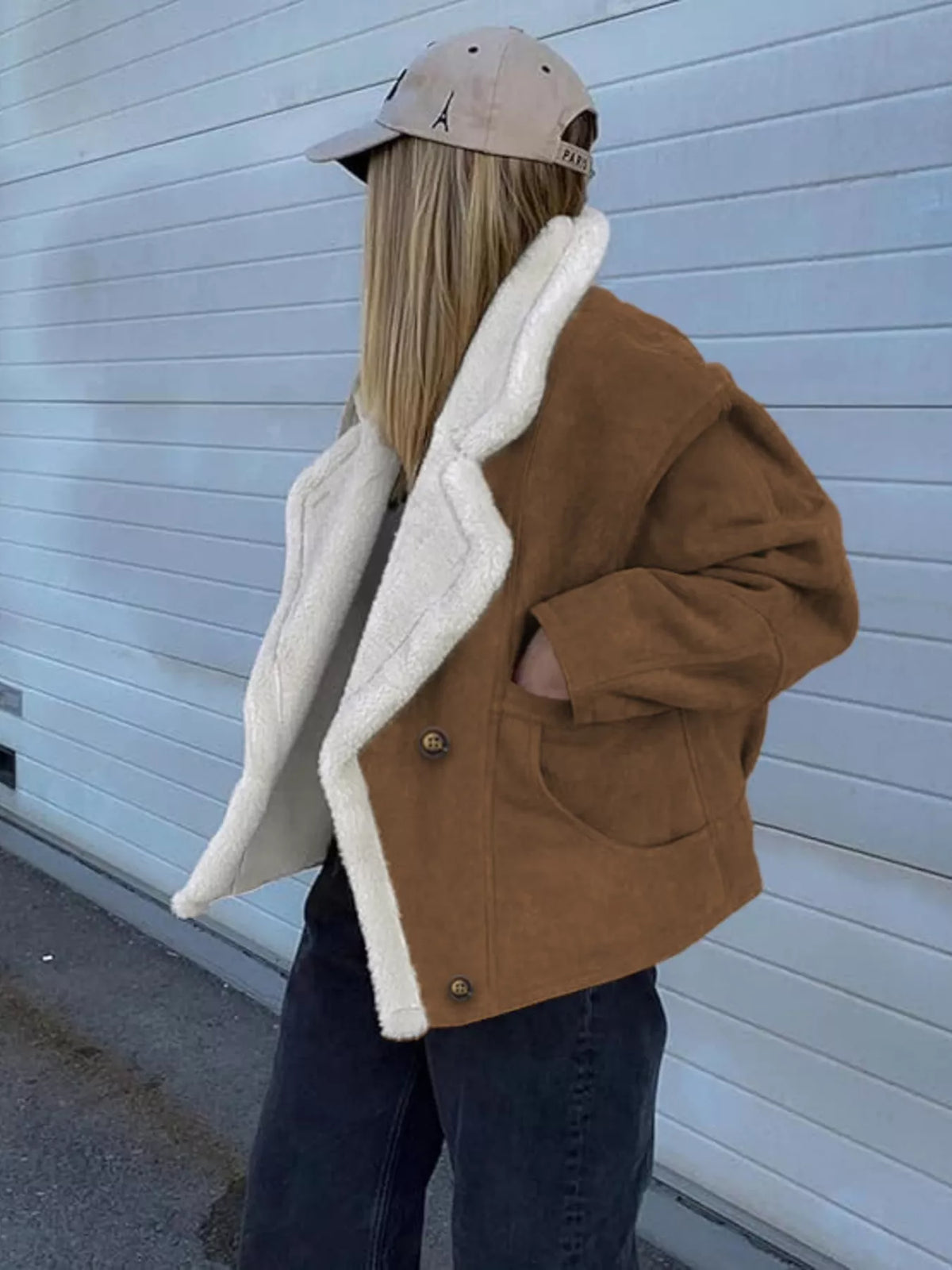 Plush Lined Dropped Shoulder Outerwear - Brown - View 2