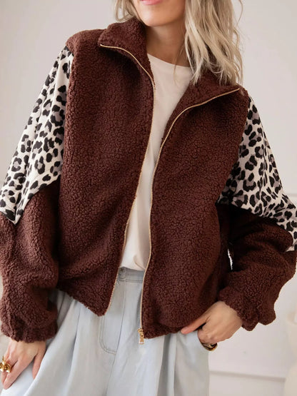 Leopard Patchwork Fleece Western Style Zip-up Collar Jacket - Brown - View 1