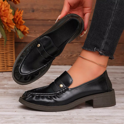 Round Toe Block Heels Loafers - Black - View 4