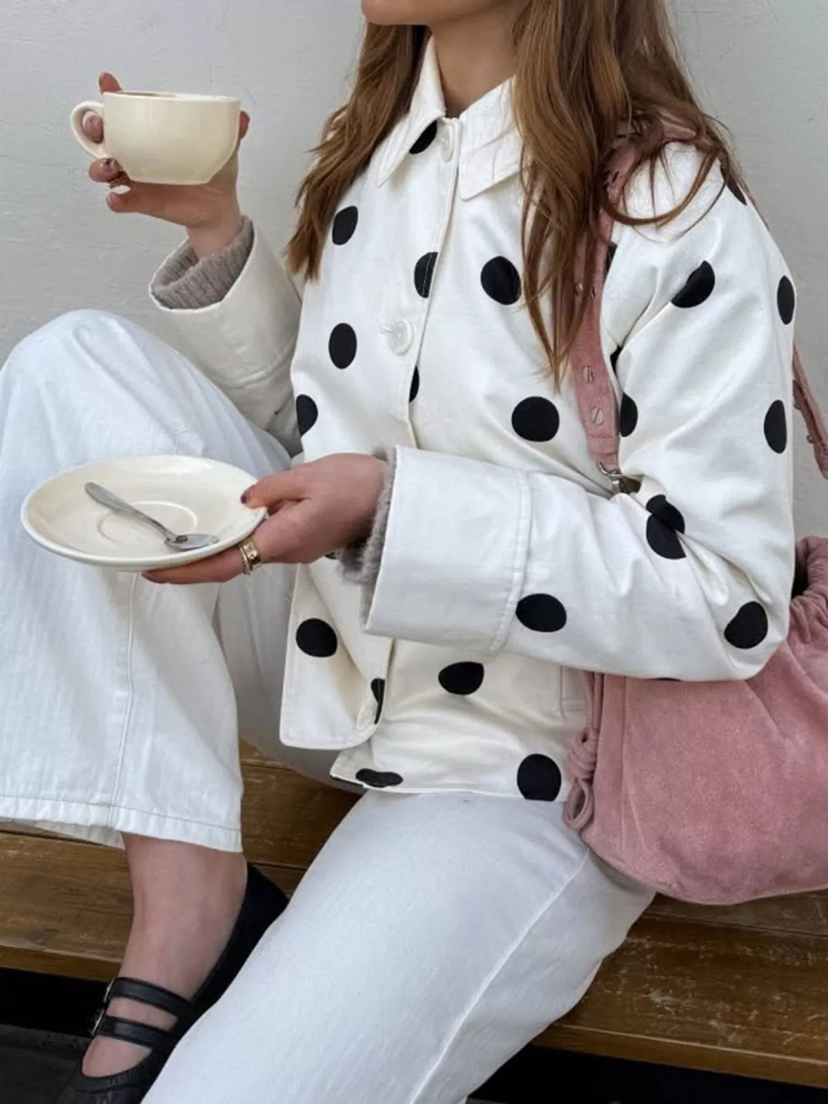 Polka Dot Button-Down Jacket - White - View 4