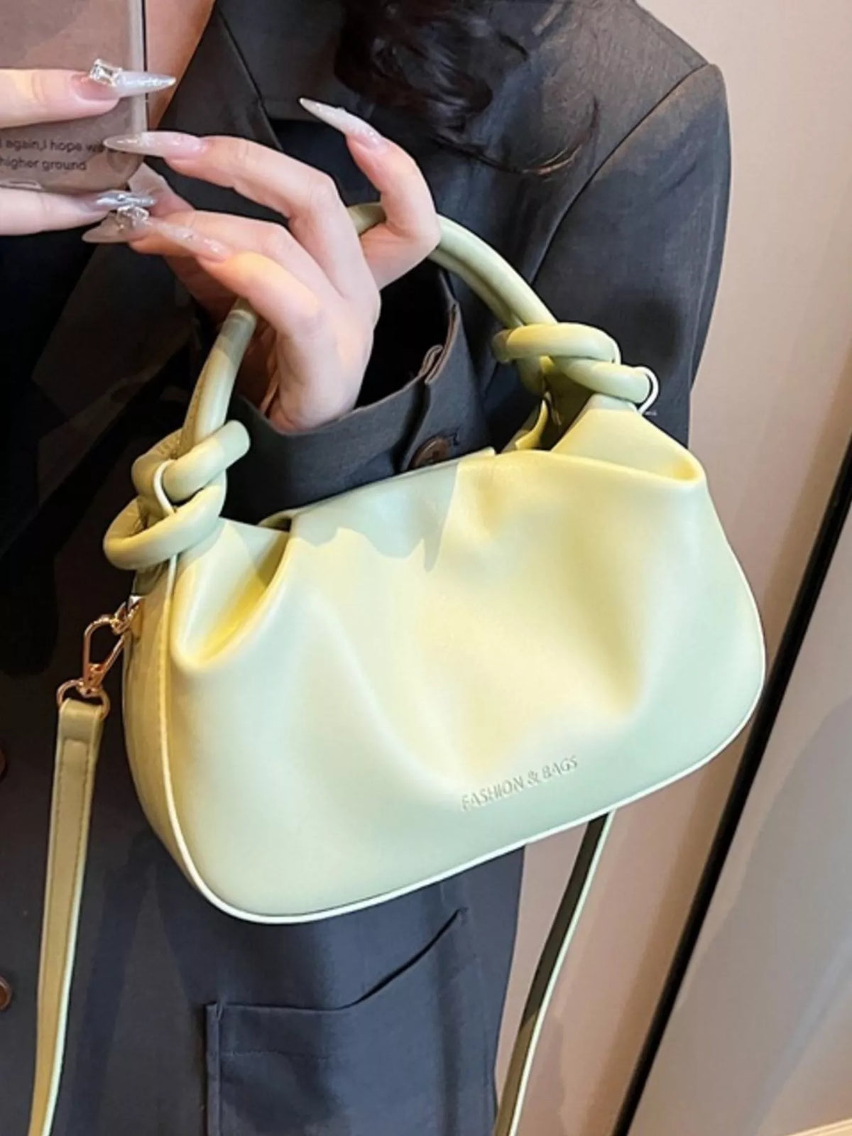 Knot Handle Ruched Crossbody Bag - Green - View 8
