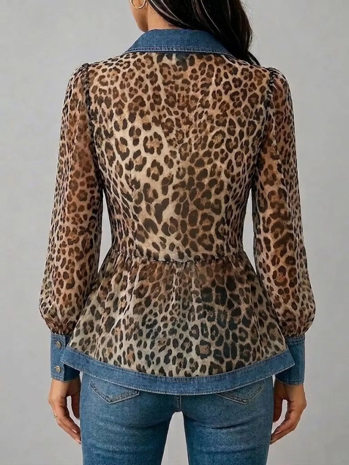 Denim Contrast Trim Leopard Shirt - Leopard - View 4