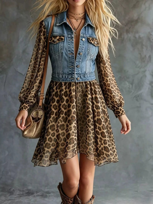 Full Size Denim Leopard Patchwork Mini Dress Plus Size - Dusty Blue - View 1