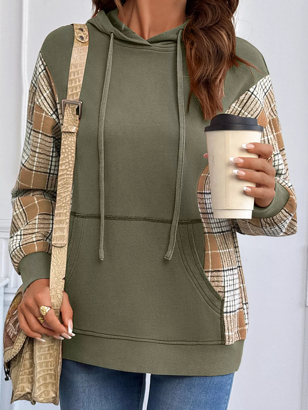 Plaid Sleeve Drawstring Pocket Hoodie - Sage - View 4