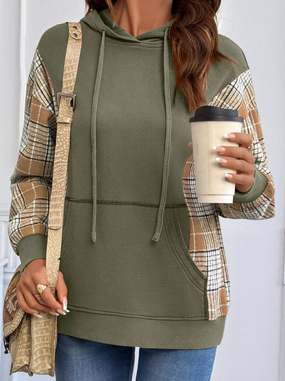 Plaid Sleeve Drawstring Pocket Hoodie - Sage - View 4