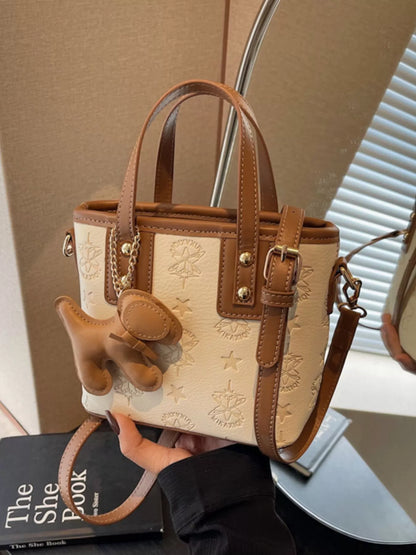 Embossed Pattern Dog Charm Crossbody Bag - Beige - View 1
