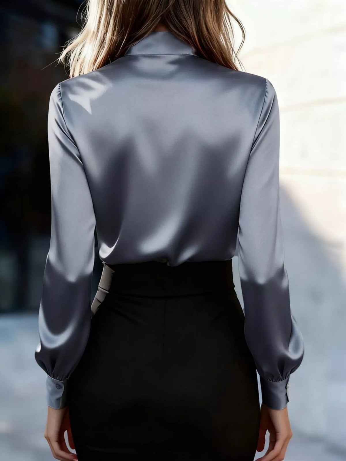 Satin Bow Tie Long Sleeve Blouse - Gray - View 2