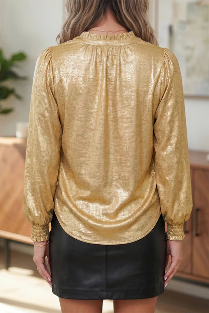 Metallic Sheen V Neck Gathered Cuff Long Sleeve Blouse - Gold - View 2