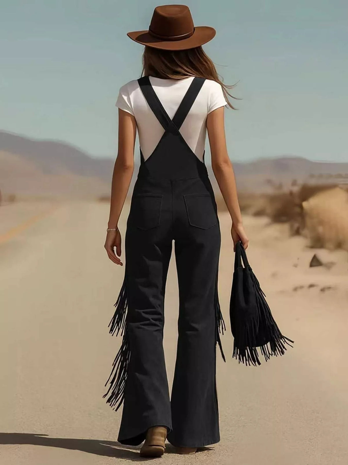 Fringe Detail Flare Leg Overalls - Black - View 2