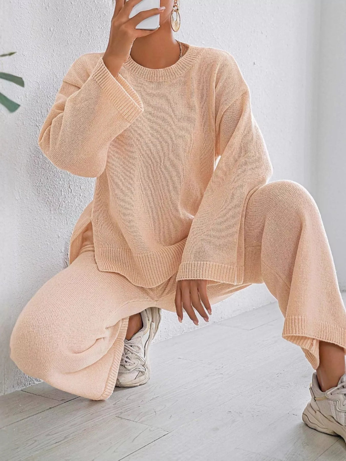 Dropped Shoulder Top and Pants Sweater Set - Apricot Suit - View 7