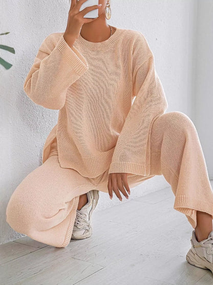 Dropped Shoulder Top and Pants Sweater Set - Apricot Suit - View 7